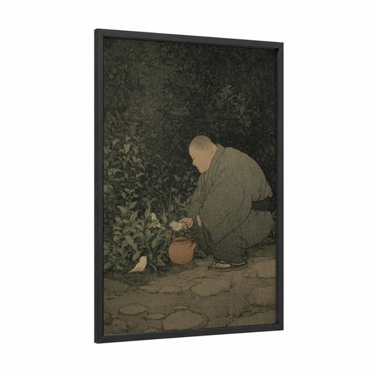 Gardening Sumo framed art print — black wood frame — dark green and beige palette