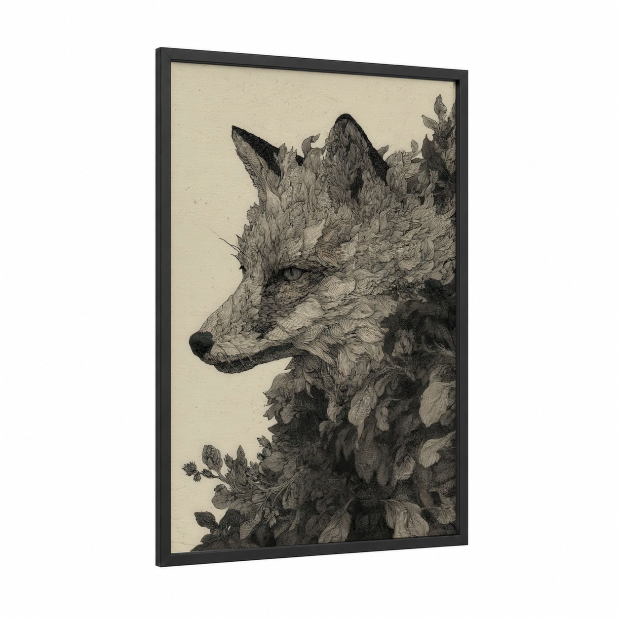 Floral Fox Profile framed art print — black wood frame — black and white and cream palette