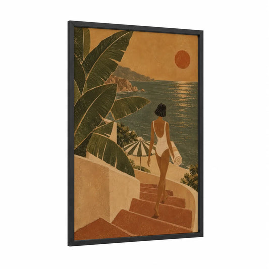 Mediterranean Coastal Sunset Wall Art framed beach town print — black wood frame — beige and teal palette