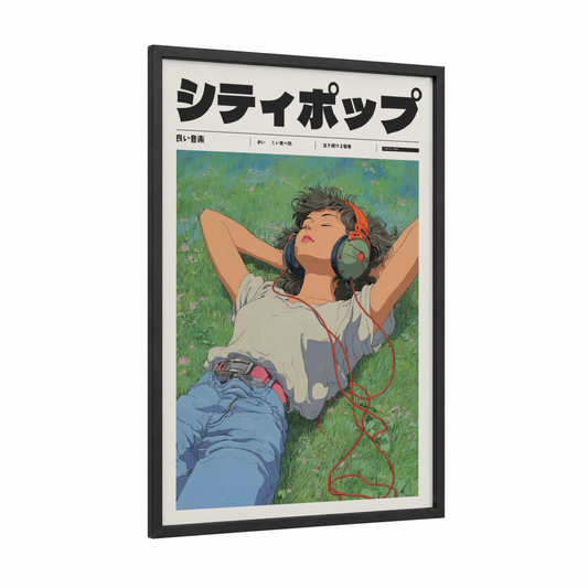 Retro Anime Girl framed anime and manga print — black wood frame — blue and green palette