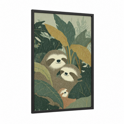 Sloth Family Trio framed art print — black wood frame — dark green and gold palette