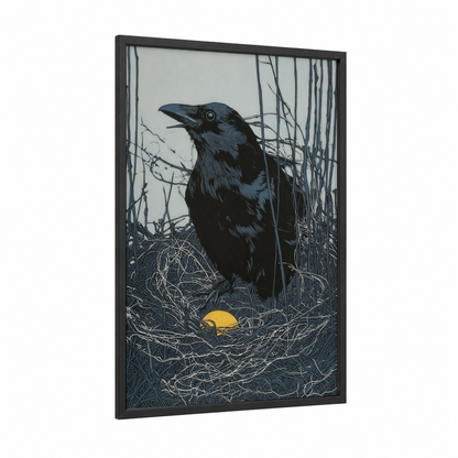 Raven's Nest framed crows and ravens print — black wood frame — black and white and yellow gold palette
