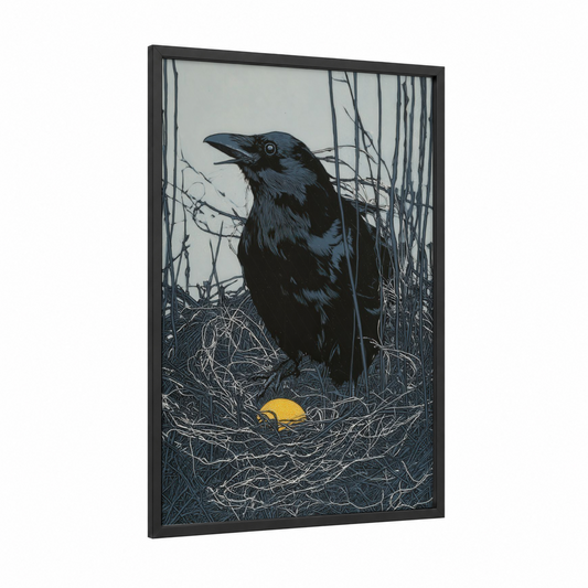 Raven's Nest framed crows and ravens print — black wood frame — black and white and yellow gold palette