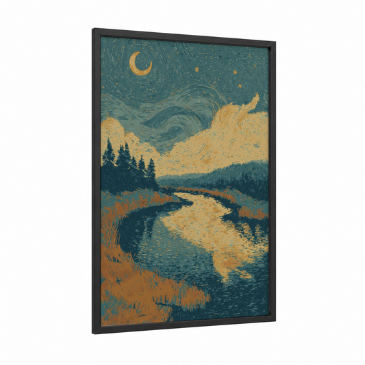 Starlit River Valley framed rivers print — black wood frame — teal and yellow gold palette