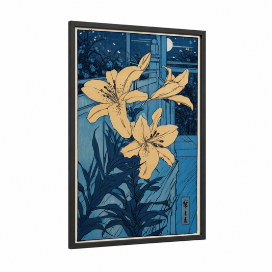 Moonlit Amaryllis framed amarillys print — black wood frame — dark blue and yellow gold palette