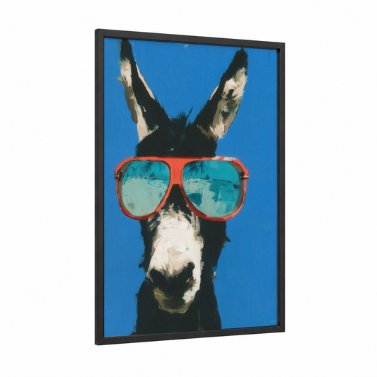 Cool Donkey framed art print — black wood frame — blue and black and white palette