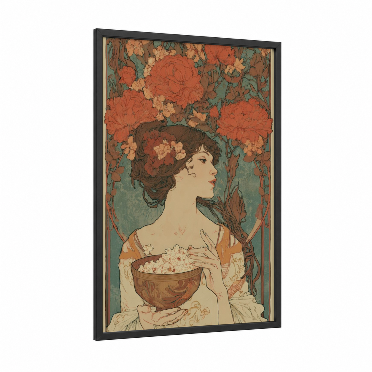 Harvest Popcorn framed art print — black wood frame — orange and teal palette