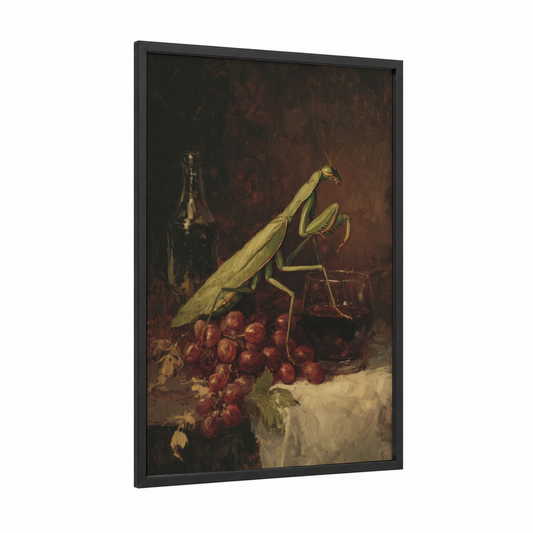 Vintage Mantis framed prayin mantis print — black wood frame — brown and gold palette