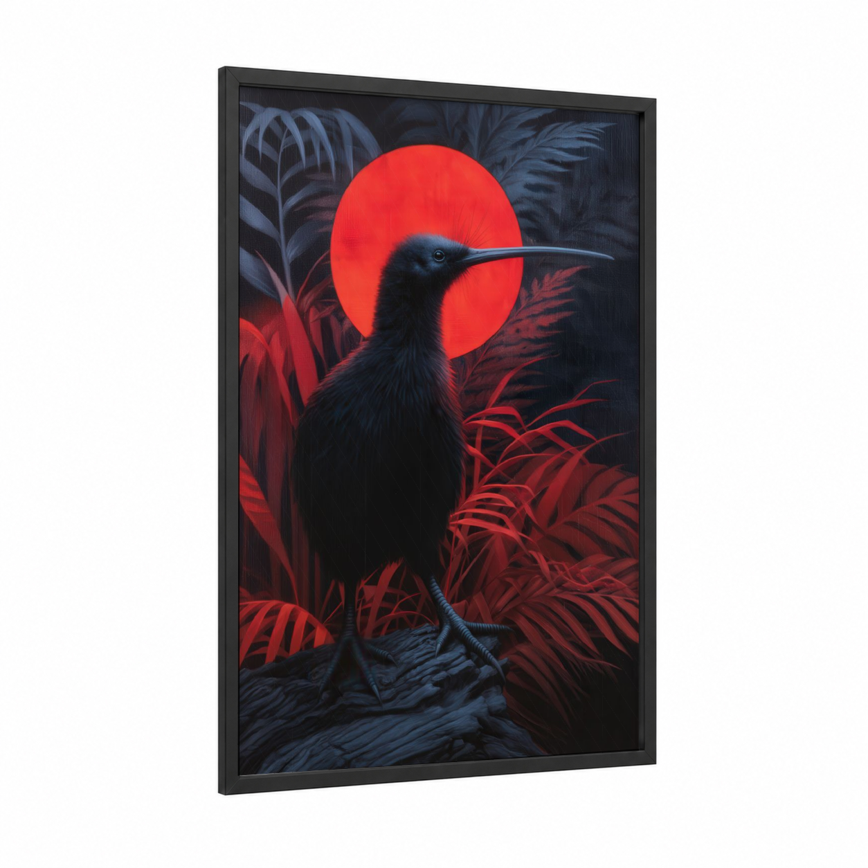 Crimson Kiwi framed art print — black wood frame — red and black and white palette