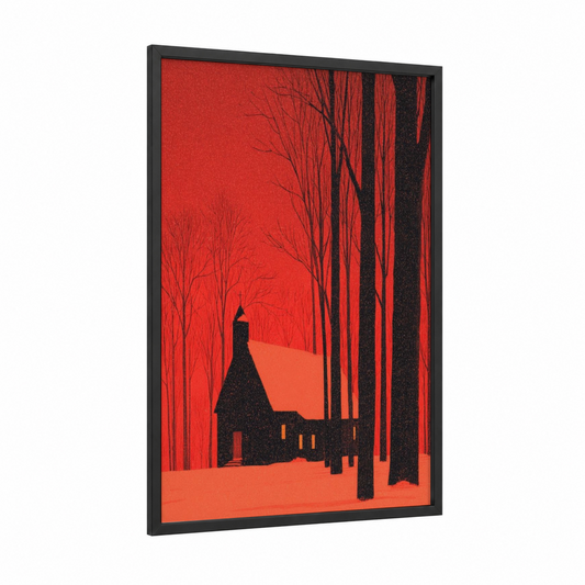 Crimson Chapel Forest framed churches and chapels print — black wood frame — red and black palette