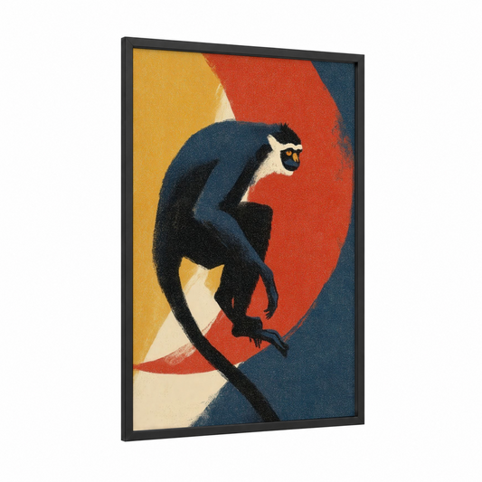 Golden Contemplation Monkey framed art print — black wood frame — gold and red palette