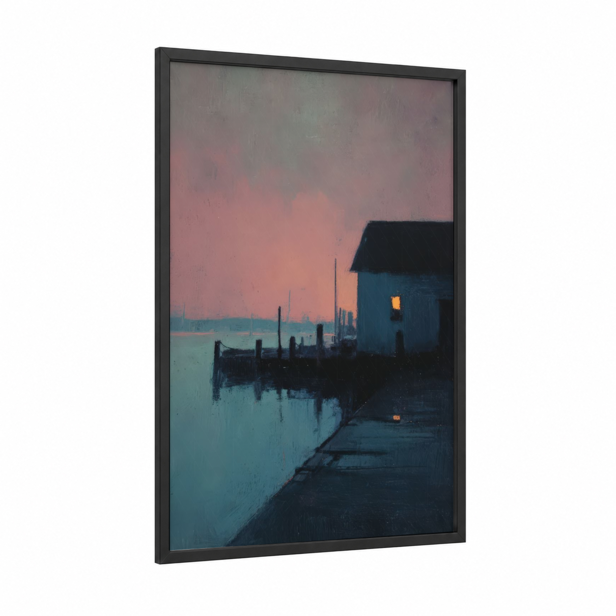 Twilight Dock House framed docks and piers print — black wood frame — teal and salmon pink palette