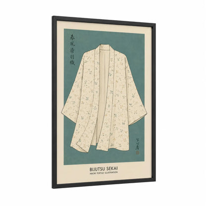 Japanese Kimono Fashion Illustration Wall Art framed art print — black wood frame — cream and sage green palette