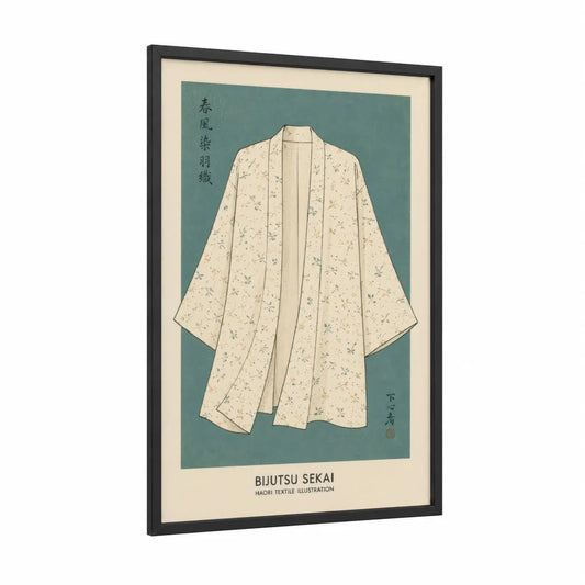 Japanese Kimono Fashion Illustration Wall Art framed art print — black wood frame — cream and sage green palette