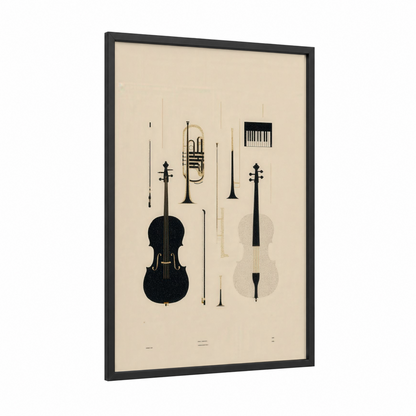 Classical Orchestra framed art print — black wood frame — black and cream palette
