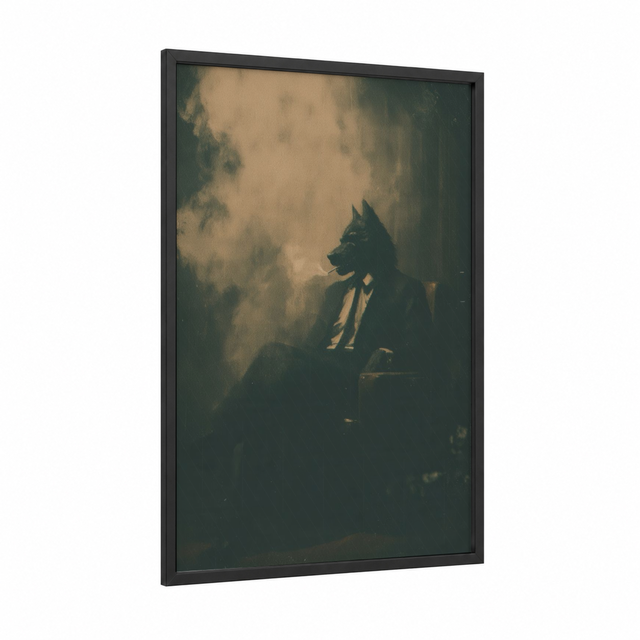 Smoky Werewolf framed art print — black wood frame — black and gold and espresso palette