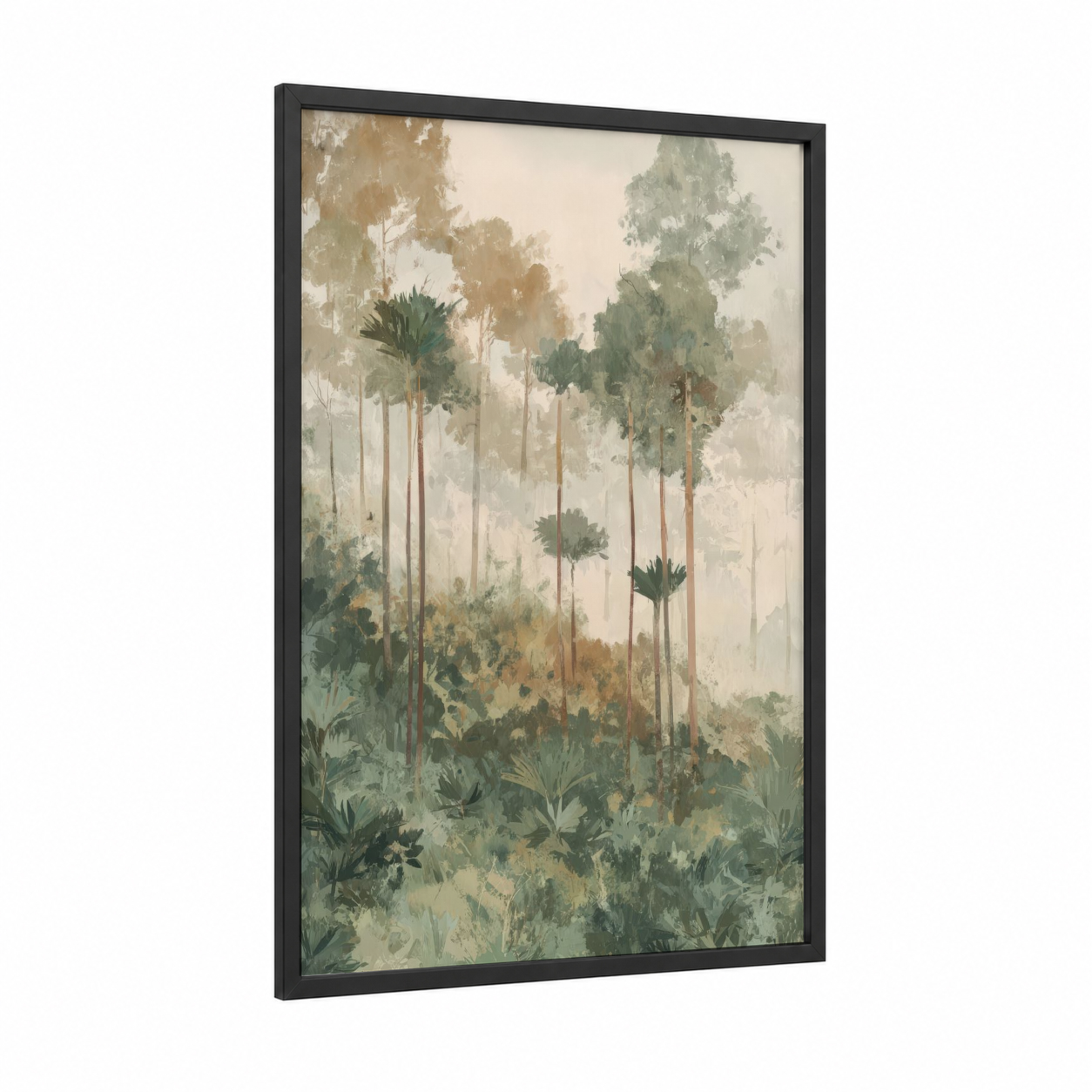 Misty Palm Forest framed art print — black wood frame — sage green and cream palette