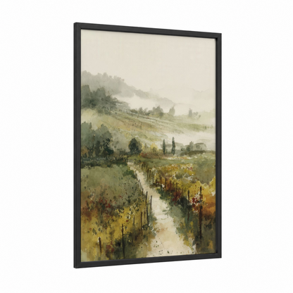 Tuscan Vineyards framed art print — black wood frame — sage green and cream palette