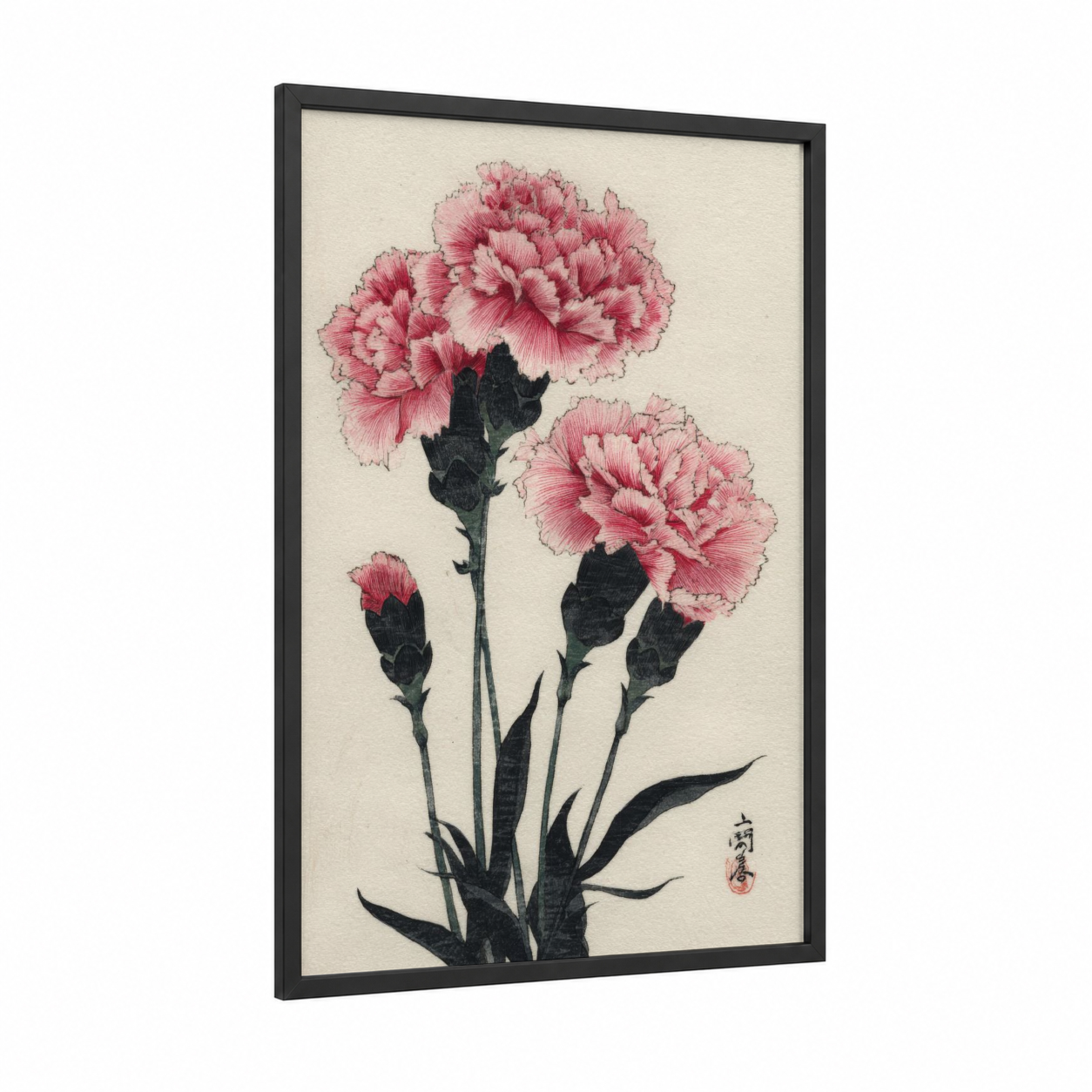 Pink Carnation Trio framed carnations print — black wood frame — pink and cream palette
