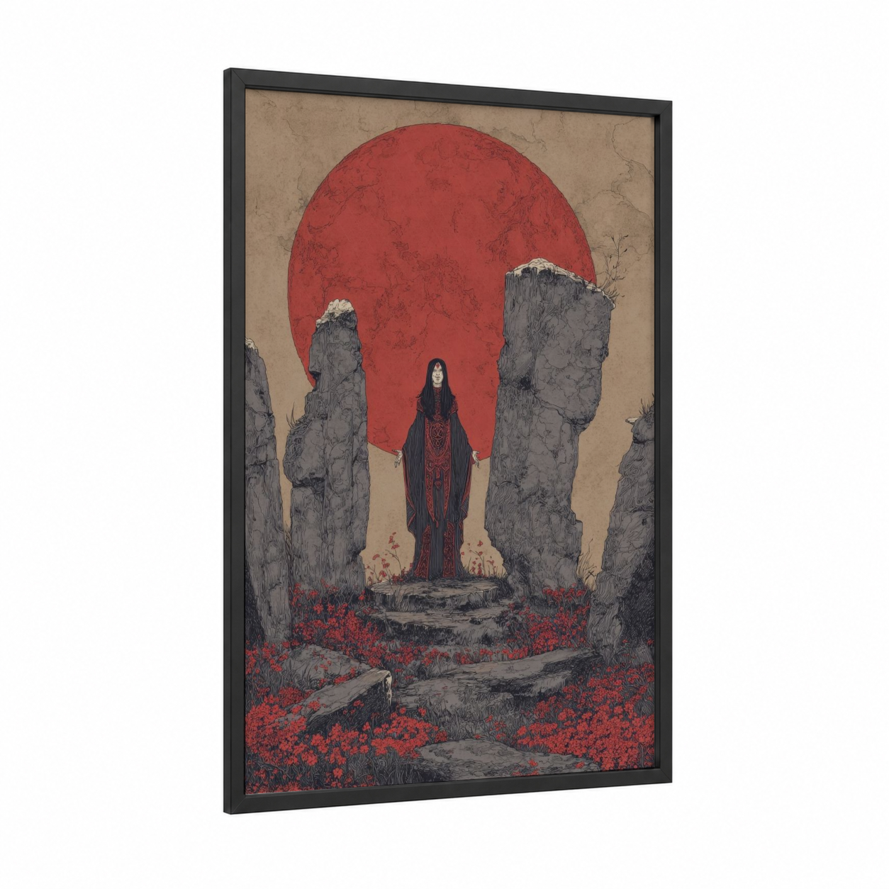 Crimson Sorceress framed elf print — black wood frame — red and gray palette
