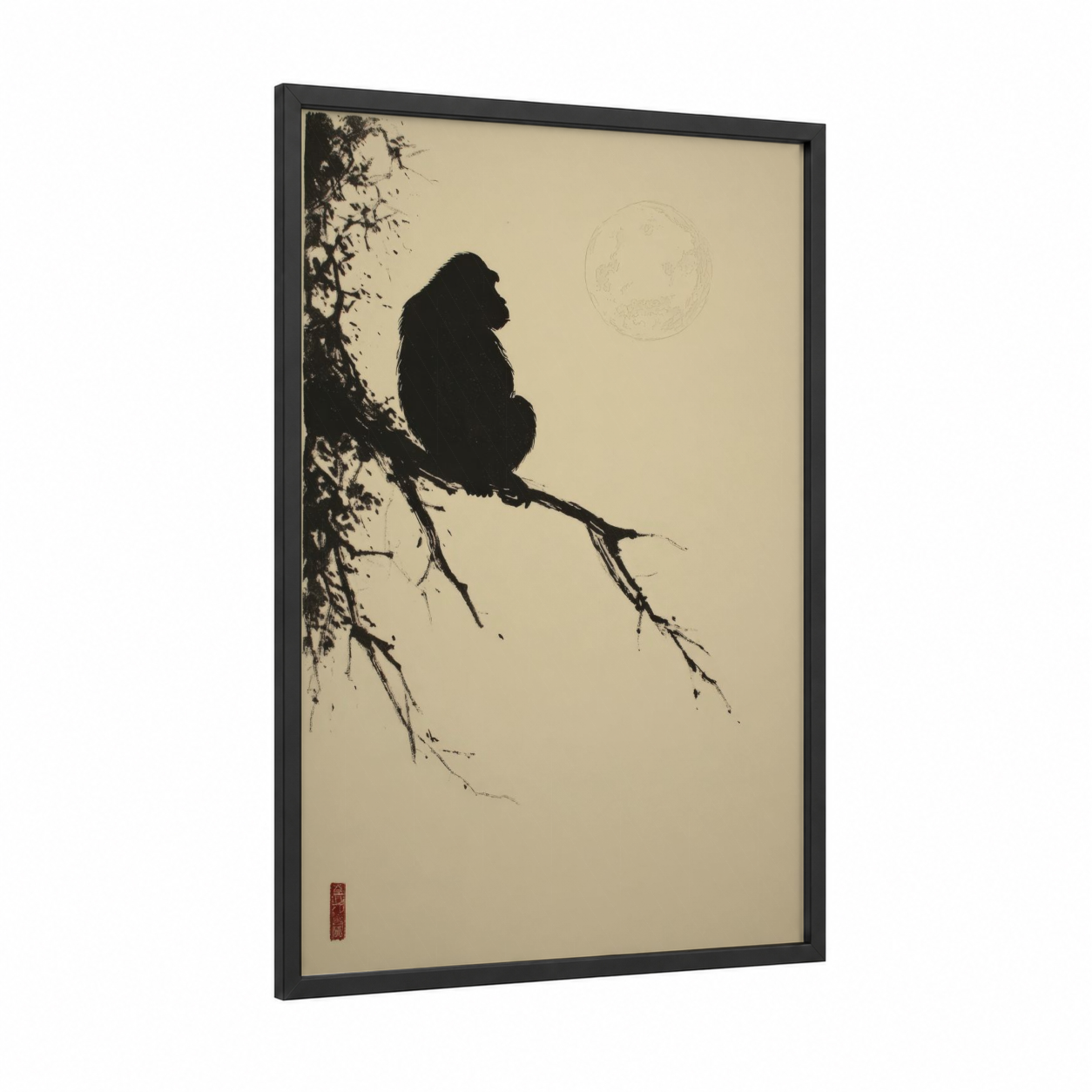 Moonlit Gorilla framed art print — black wood frame — black and cream palette