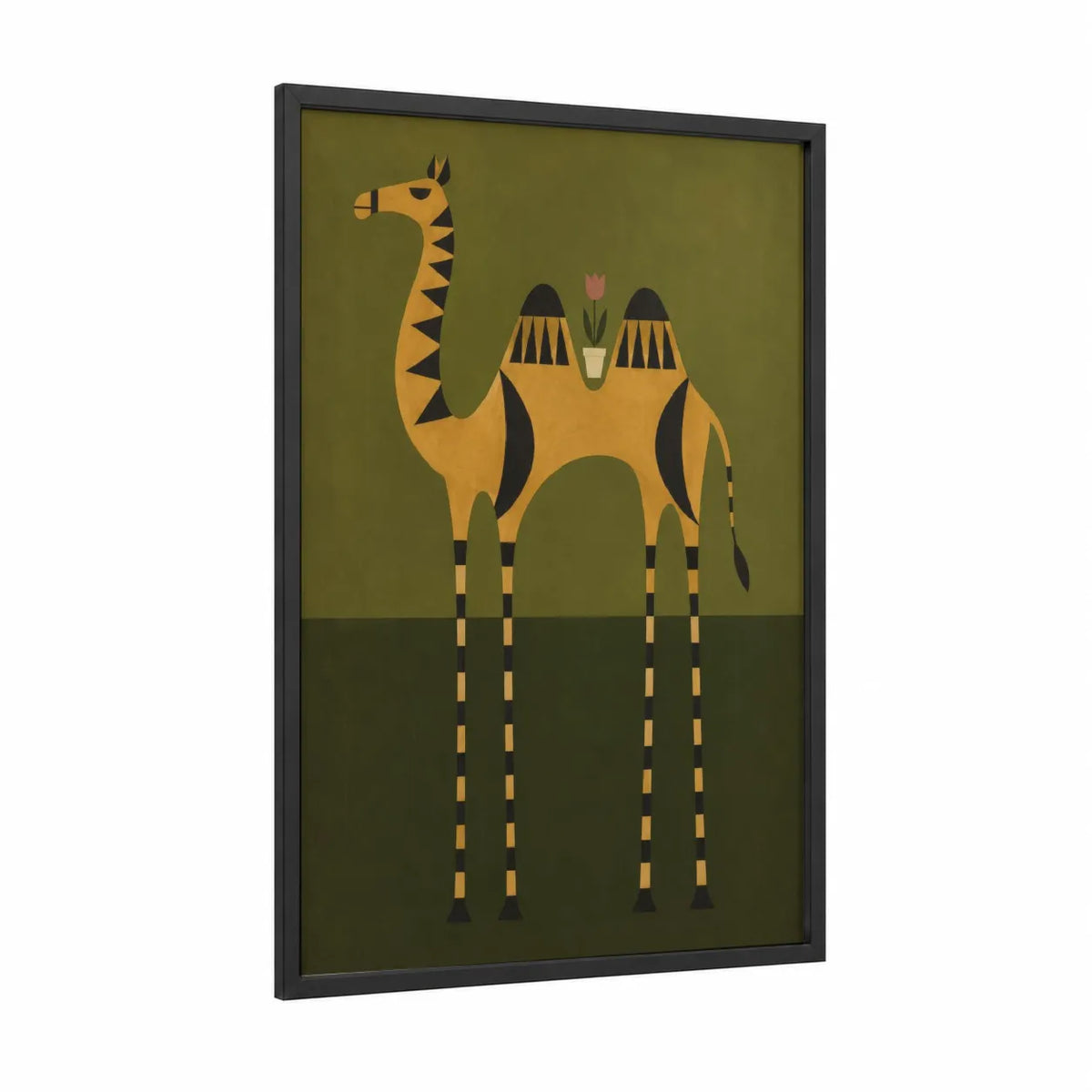 Geometric Camel With Tulip Wall Art framed art print — black wood frame — olive and mustard palette