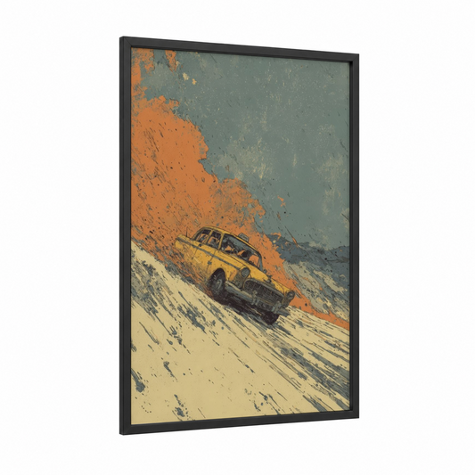 Desert Taxi framed taxi cab print — black wood frame — pumpkin and sage green palette