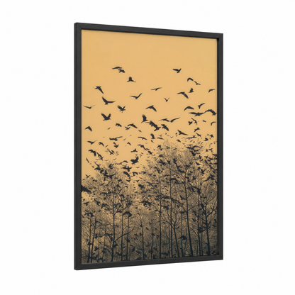 Golden Flock framed crows and ravens print — black wood frame — gold and black palette