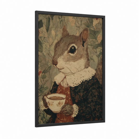 Vintage Tea Squirrel framed art print — black wood frame — brown and cream palette