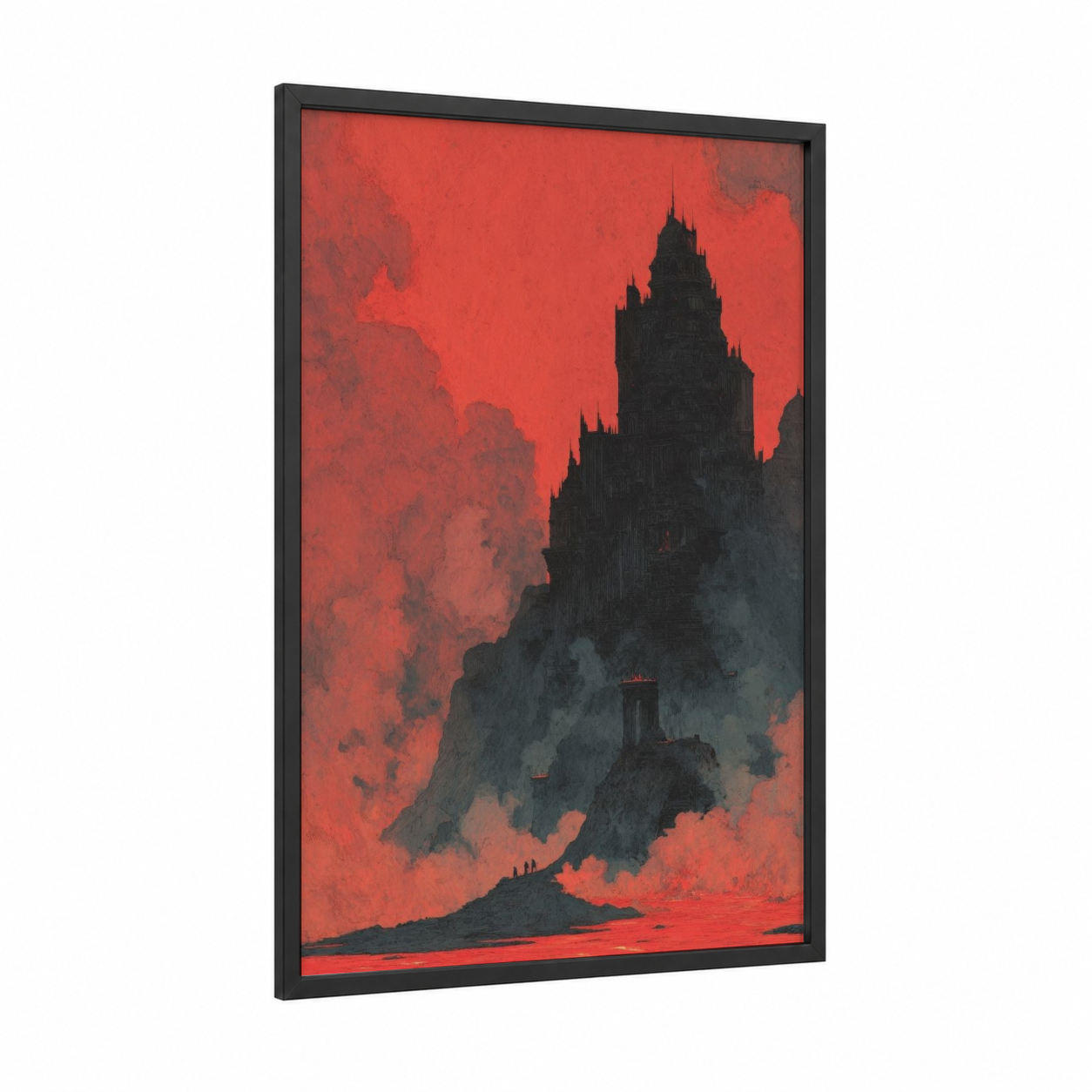Crimson Castle framed art print — black wood frame — red and black palette