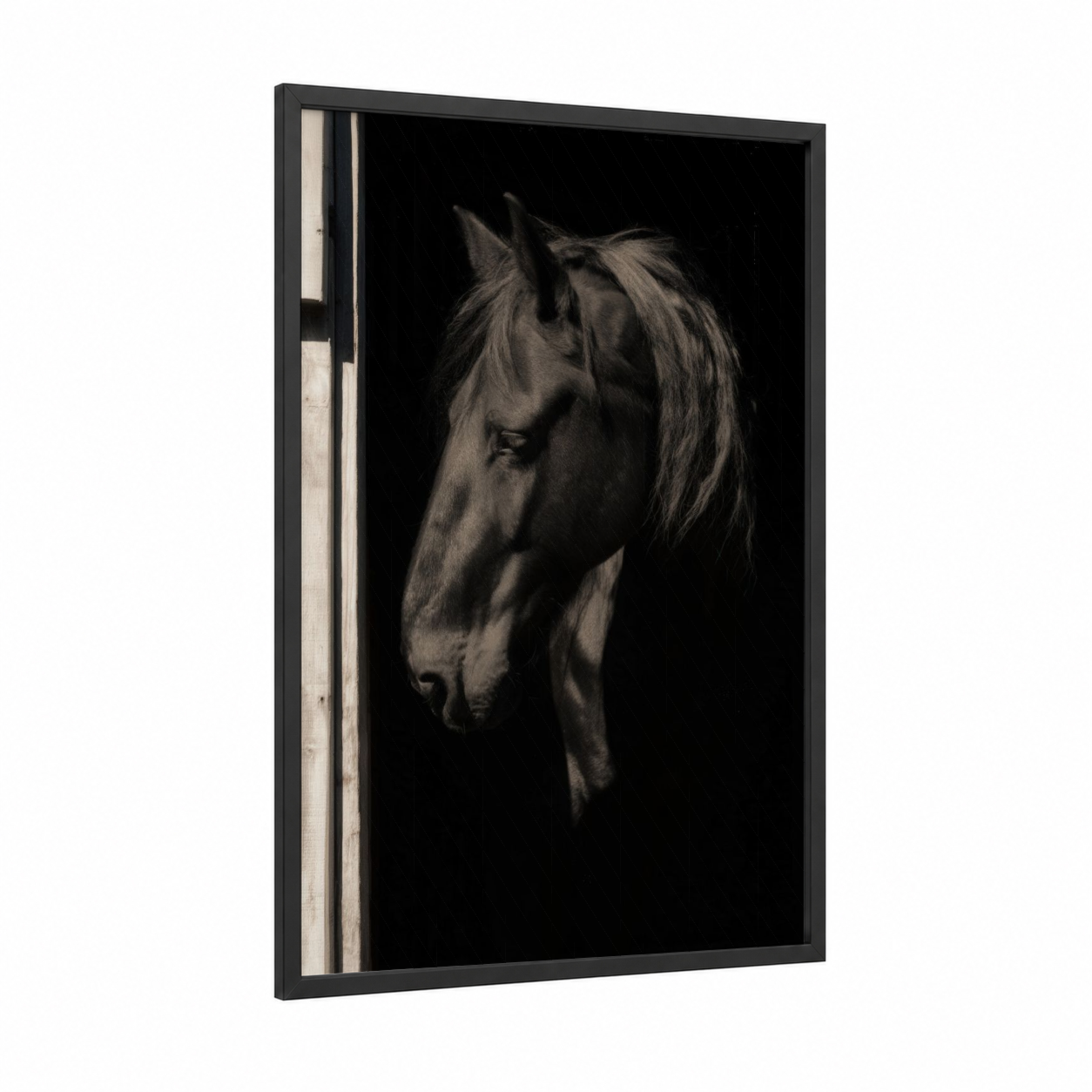 Stable Friesian framed friesian horse print — black wood frame — black and white palette
