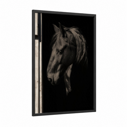 Stable Friesian framed friesian horse print — black wood frame — black and white palette