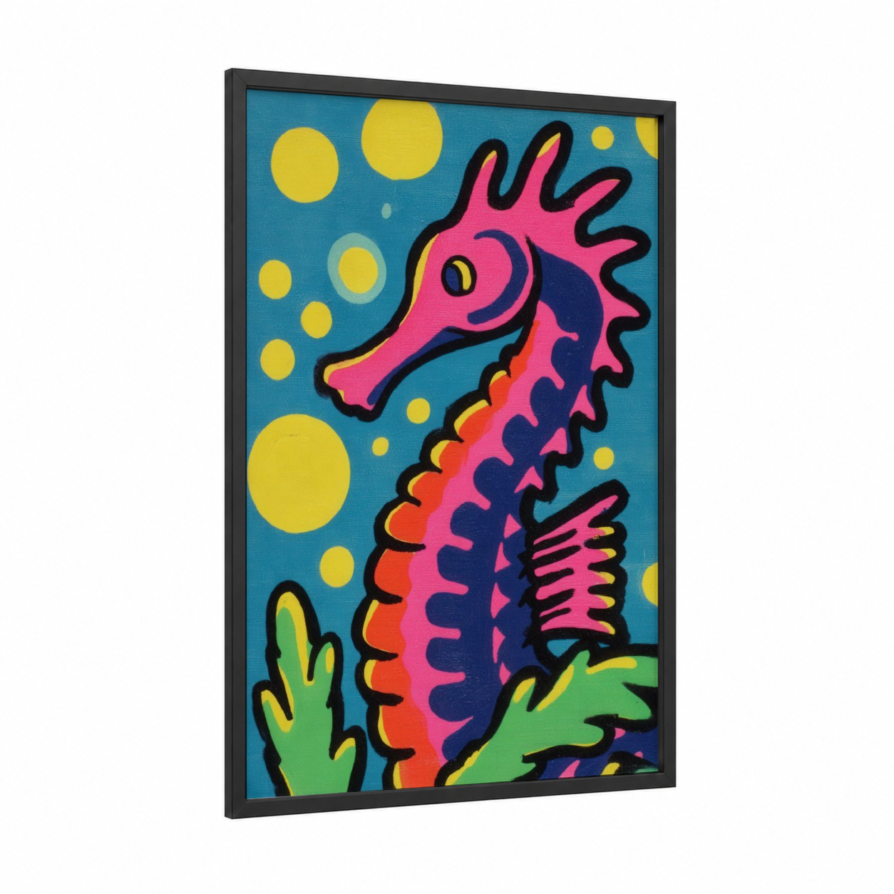 Neon Seahorse framed sea horse print — black wood frame — magenta and blue palette