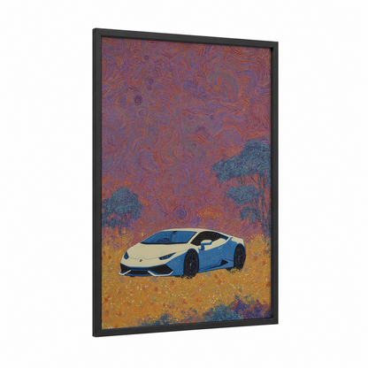 Desert Speedster framed sports car print — black wood frame — maroon and teal palette