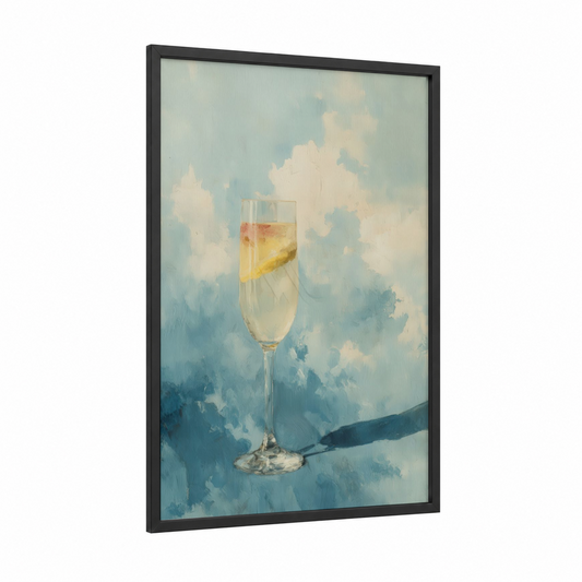Champagne Sky framed cocktail print — black wood frame — blue and white and champagne gold palette