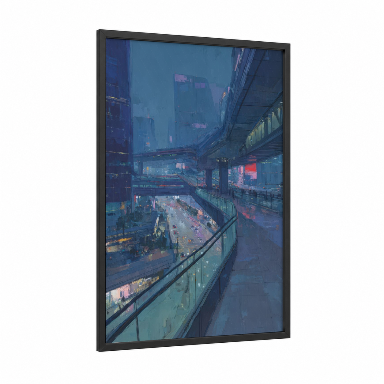 Neon Urban Skyway framed road and highways print — black wood frame — blue and magenta palette