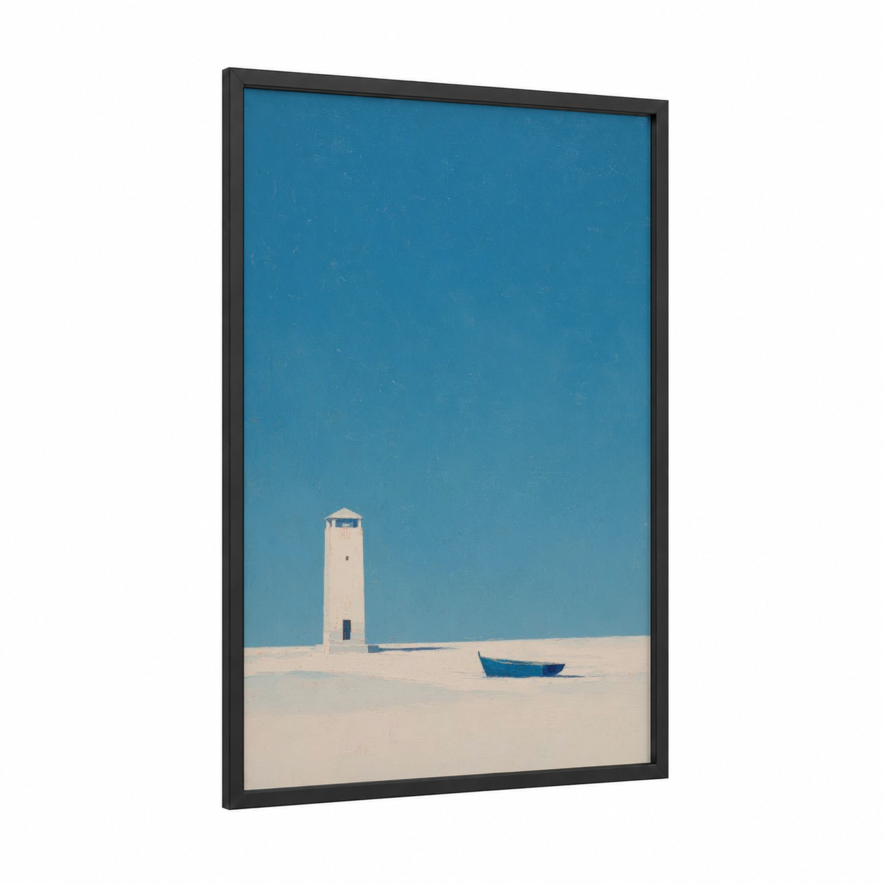 Solitary Lighthouse framed art print — black wood frame — blue and white palette