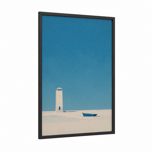 Solitary Lighthouse framed art print — black wood frame — blue and white palette