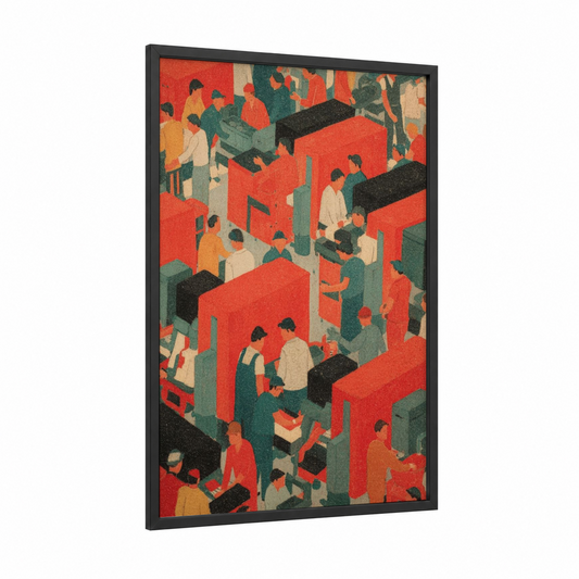 Busy Factory Floor framed labor day print — black wood frame — red and dark green palette