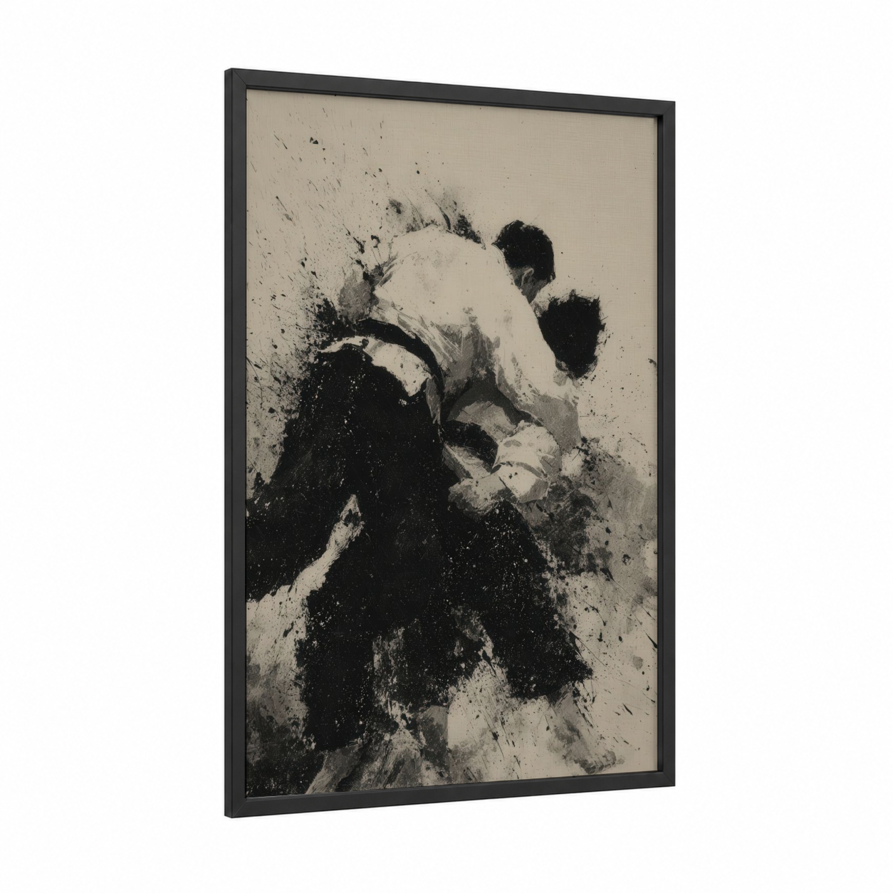 Dynamic Judo Throw framed art print — black wood frame — black and white palette