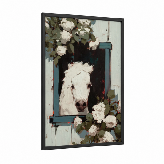 Cottage Window Horse framed miniature horse print — black wood frame — cream and teal palette