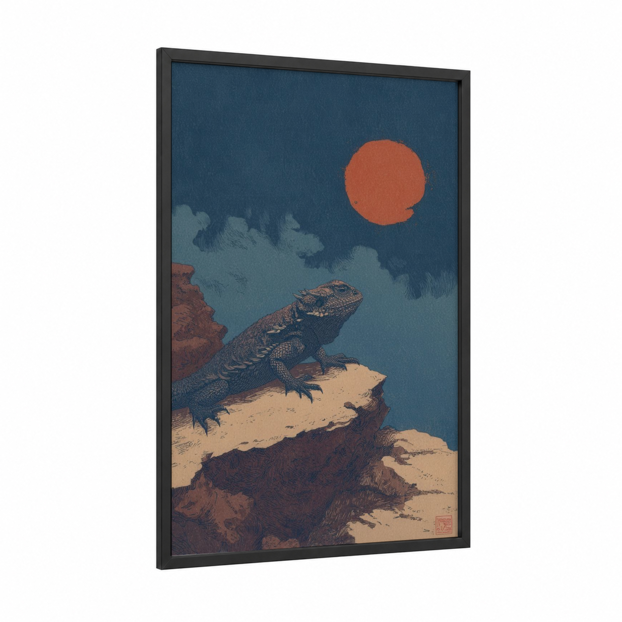 Desert Lizard Sunset framed art print — black wood frame — dark blue and russet palette