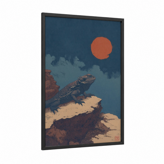 Desert Lizard Sunset framed art print — black wood frame — dark blue and russet palette