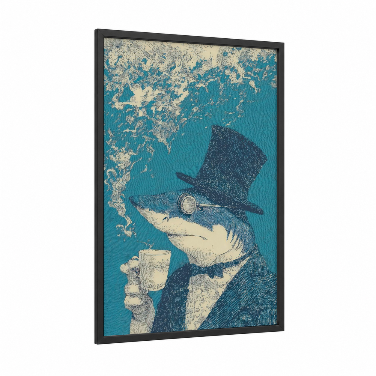 Dapper Shark framed blue shark print — black wood frame — teal and cream palette