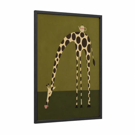 Giraffe Tea Time Minimalist Wall Art framed art print — black wood frame — olive and cream palette
