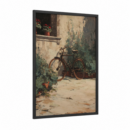 Rustic Urban Bicycle framed art print — black wood frame — beige and sage green palette