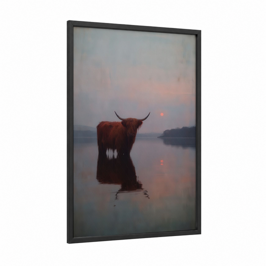 Misty Highland Wading framed highland cow print — black wood frame — russet and dove gray palette