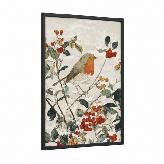 Winter Robin Berries framed art print — black wood frame — red and cream palette