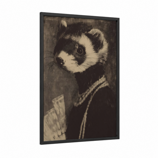 Dapper Ferret framed art print — black wood frame — black and white and gray palette