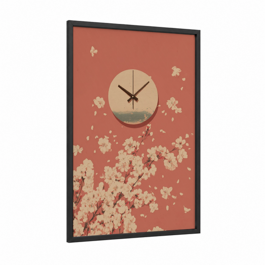 Blossom Clock framed art print — black wood frame — salmon pink and cream palette